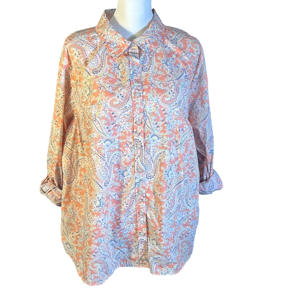 Talbots Plus Shirt Women's 3X Coral Paisley Button Down 100% Cotton‎ Long Sleeve
